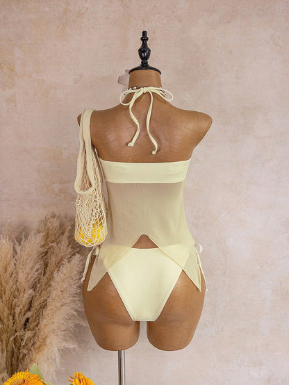 Bellisia Women's Soft Yellow Spaghetti Strap Metal Flower Decor Mesh Ruffle Backless Camisole Bikini Top,White,Summer,Casual,Beach,Vacation,Holiday Swimwear