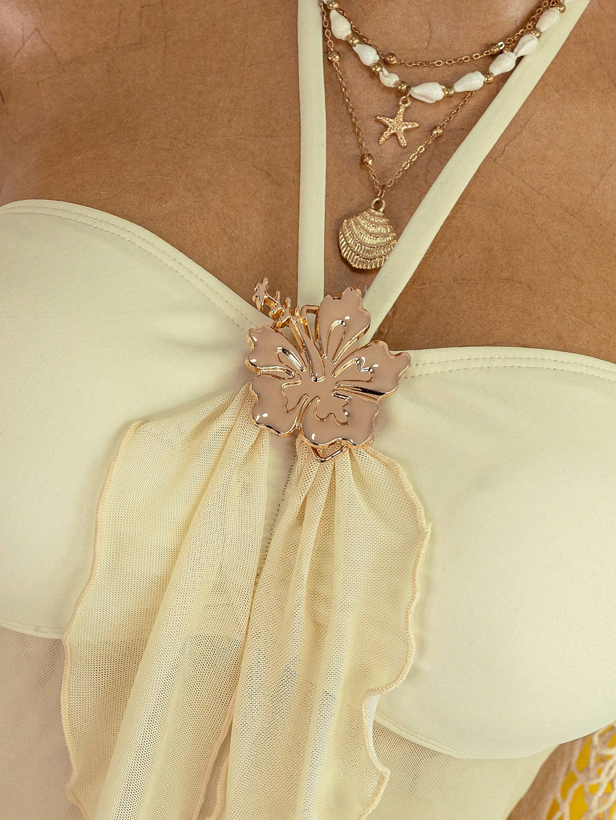 Bellisia Women's Soft Yellow Spaghetti Strap Metal Flower Decor Mesh Ruffle Backless Camisole Bikini Top,White,Summer,Casual,Beach,Vacation,Holiday Swimwear
