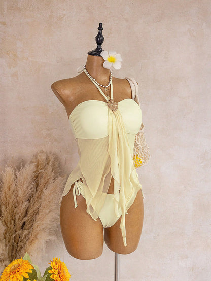 Bellisia Women's Soft Yellow Spaghetti Strap Metal Flower Decor Mesh Ruffle Backless Camisole Bikini Top,White,Summer,Casual,Beach,Vacation,Holiday Swimwear
