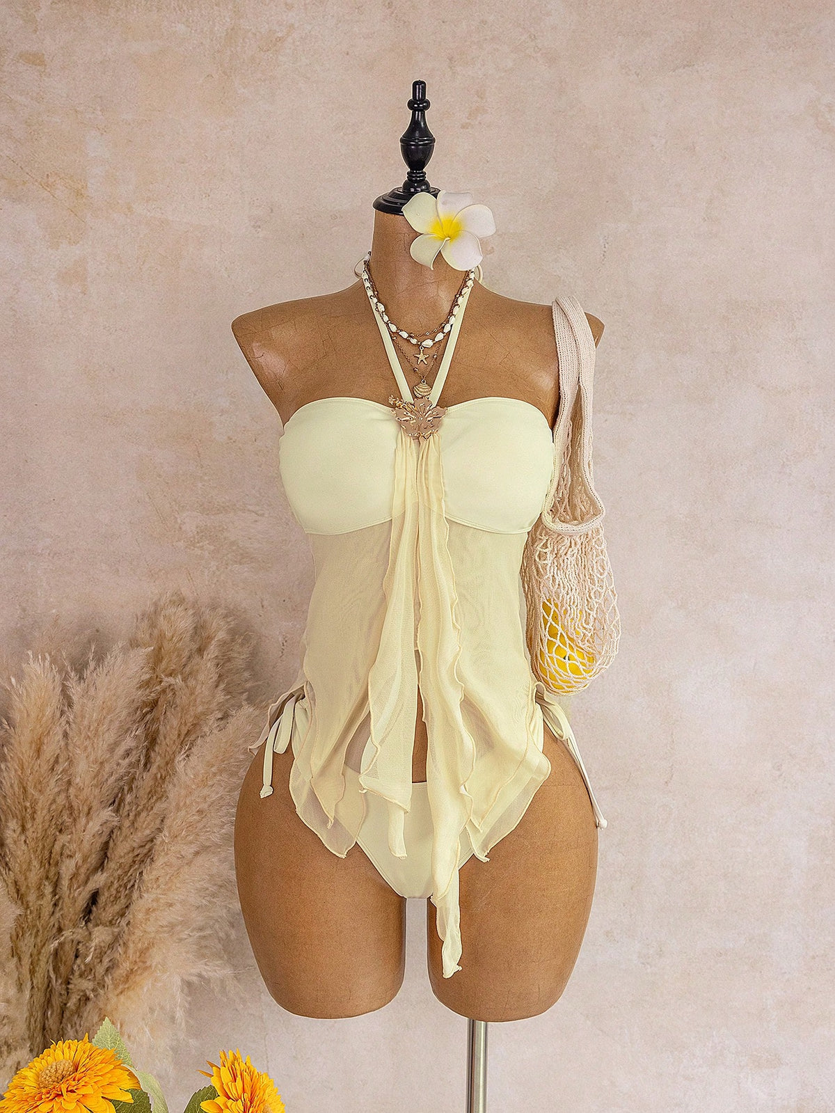 Bellisia Women's Soft Yellow Spaghetti Strap Metal Flower Decor Mesh Ruffle Backless Camisole Bikini Top,White,Summer,Casual,Beach,Vacation,Holiday Swimwear