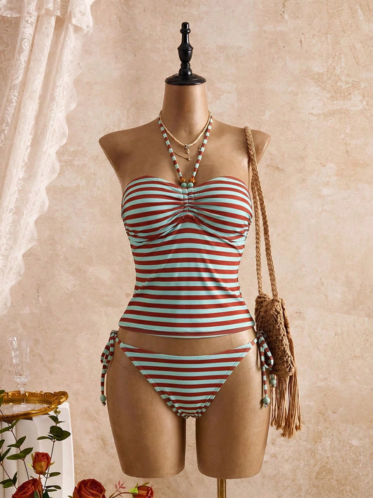 Bellisia Women's Summer Vacation Brown & Light Green Color Block Striped Halter Tankini Set, Beaded Ruched Bandeau Style Tank Top Swimsuit With Hollow Back Tie, Side Tie High Cut Triangle Bikini Botto