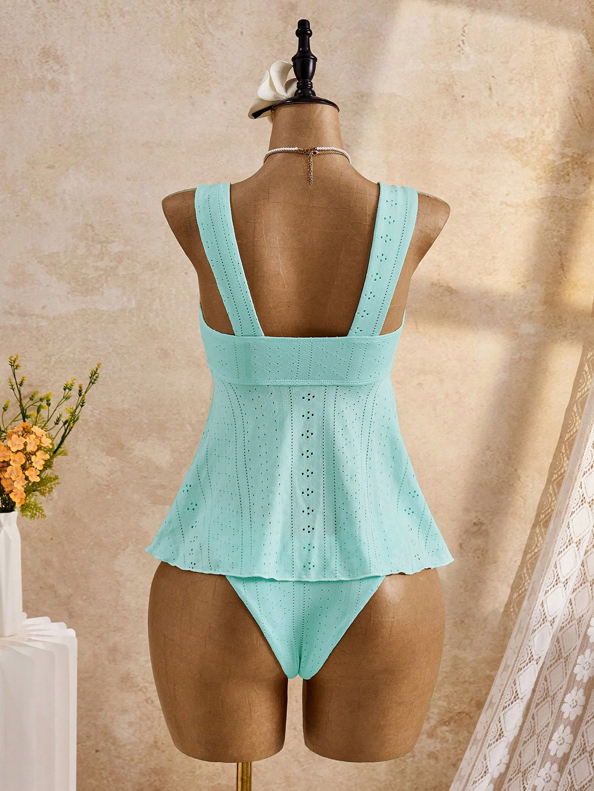 Bellisia Women's Teal Summer Tropical Beach Holiday Vacation Bikini Set,Elegant Vintage Jacquard Embroidery Camisole & Pleated Shorts Swimwear,Boho Y2K Style
