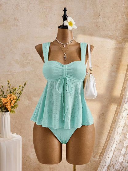 Bellisia Women's Teal Summer Tropical Beach Holiday Vacation Bikini Set,Elegant Vintage Jacquard Embroidery Camisole & Pleated Shorts Swimwear,Boho Y2K Style
