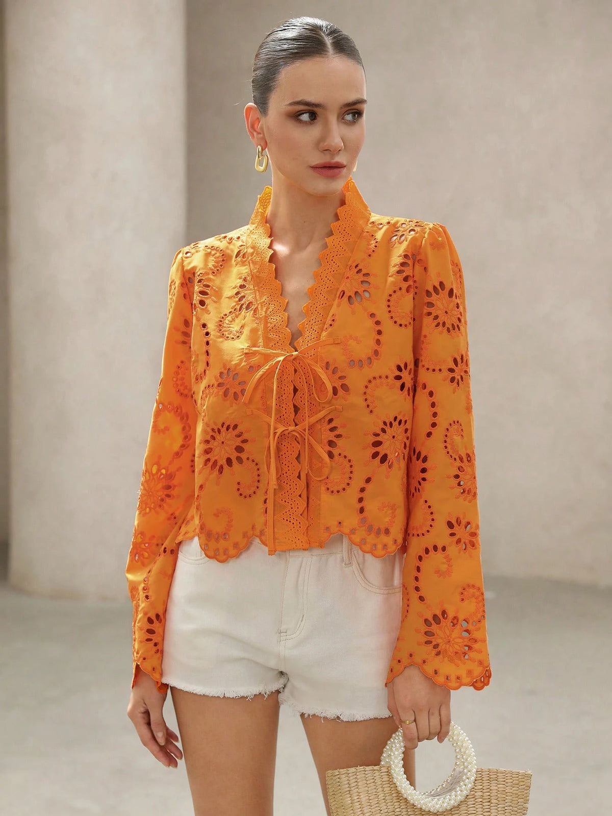 BELROSIE Women's Elegant Burnt Orange Boho Summer Holiday Blouse,Vintage Folk Embroidered V Neck Bowknot Tie Frayed Hem Long Sleeve Button Up Vacation Shirt
