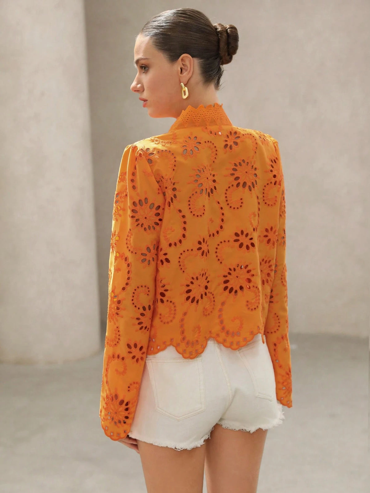 BELROSIE Women's Elegant Burnt Orange Boho Summer Holiday Blouse,Vintage Folk Embroidered V Neck Bowknot Tie Frayed Hem Long Sleeve Button Up Vacation Shirt