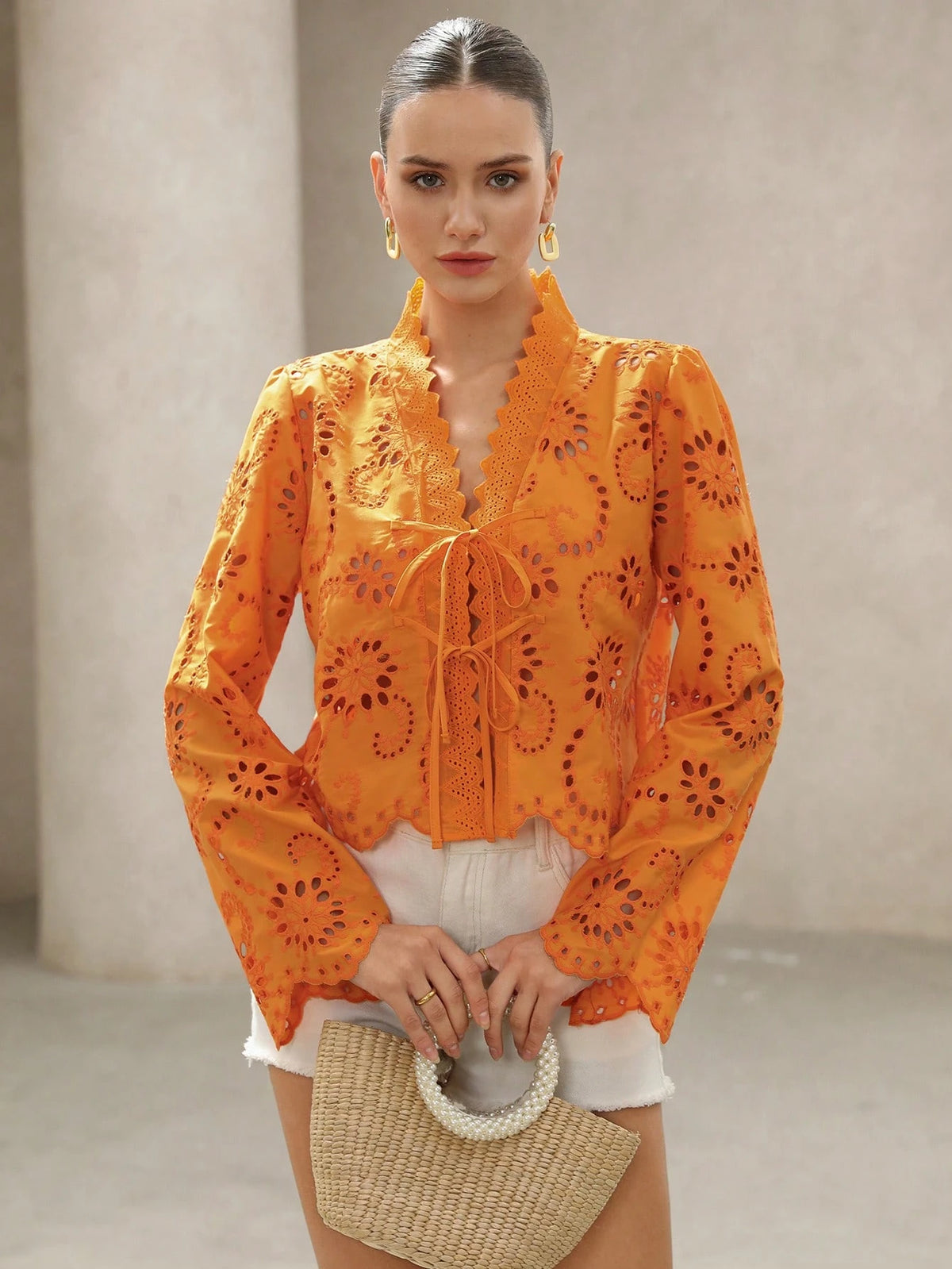 BELROSIE Women's Elegant Burnt Orange Boho Summer Holiday Blouse,Vintage Folk Embroidered V Neck Bowknot Tie Frayed Hem Long Sleeve Button Up Vacation Shirt