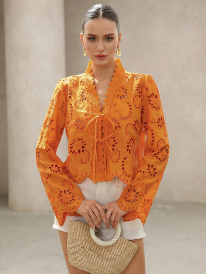 BELROSIE Women's Elegant Burnt Orange Boho Summer Holiday Blouse,Vintage Folk Embroidered V Neck Bowknot Tie Frayed Hem Long Sleeve Button Up Vacation Shirt