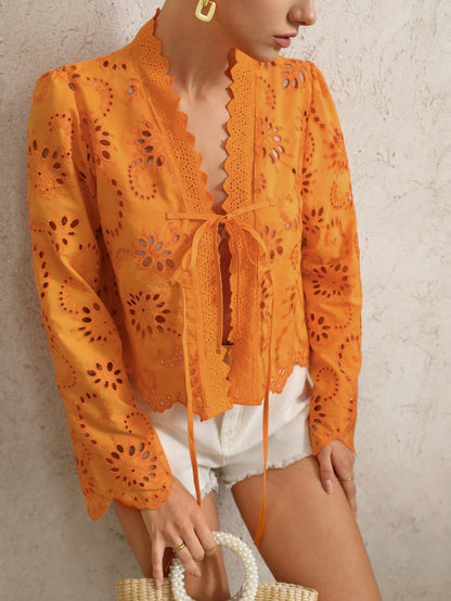 BELROSIE Women's Elegant Burnt Orange Boho Summer Holiday Blouse,Vintage Folk Embroidered V Neck Bowknot Tie Frayed Hem Long Sleeve Button Up Vacation Shirt