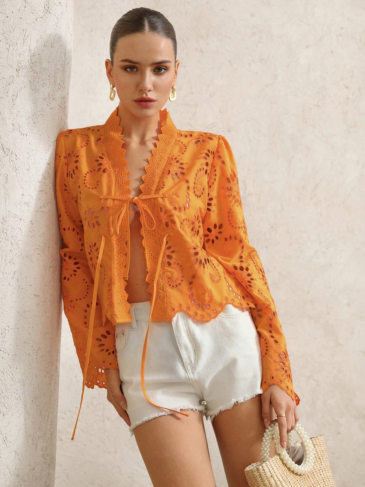 BELROSIE Women's Elegant Burnt Orange Boho Summer Holiday Blouse,Vintage Folk Embroidered V Neck Bowknot Tie Frayed Hem Long Sleeve Button Up Vacation Shirt