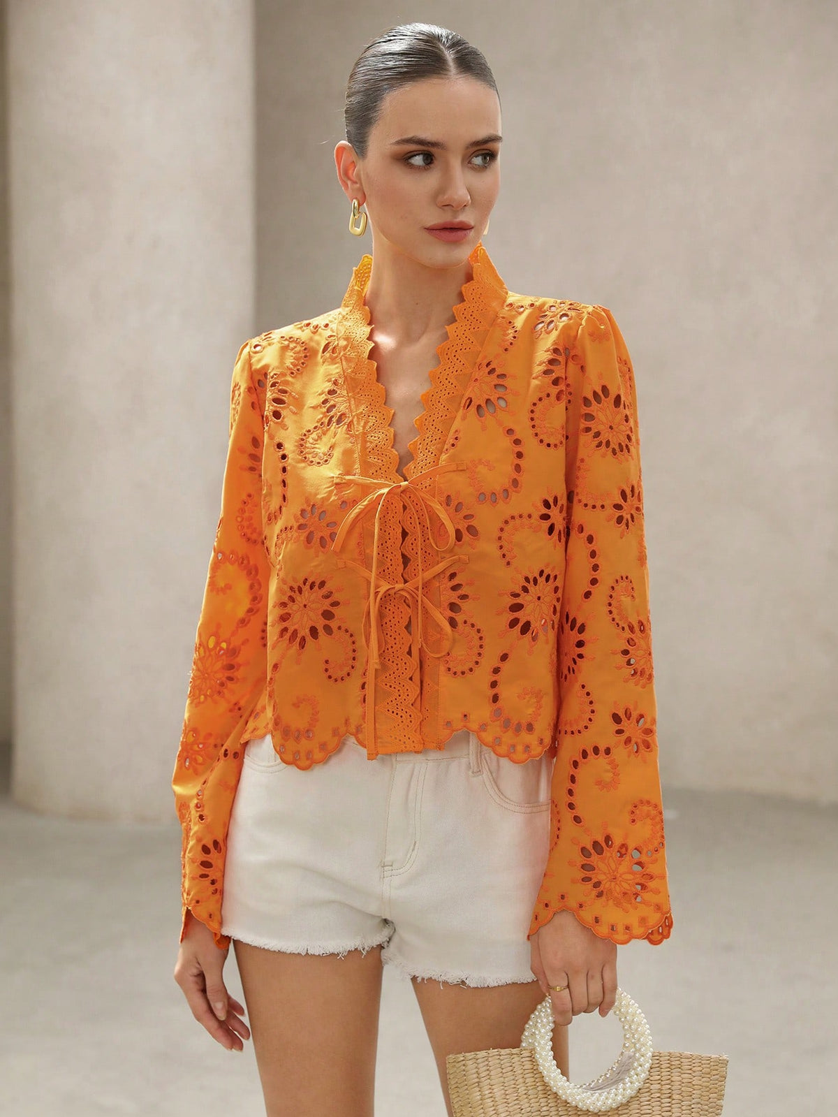 BELROSIE Women's Elegant Burnt Orange Boho Summer Holiday Blouse,Vintage Folk Embroidered V Neck Bowknot Tie Frayed Hem Long Sleeve Button Up Vacation Shirt