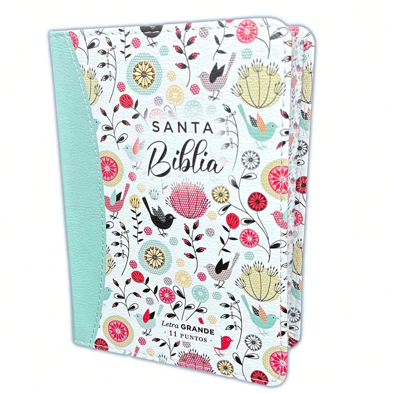 Biblia Compacta Para Mujer 11 Puntos RV1960 Imit Piel Con Canto Pintado Primaveral Turquesa