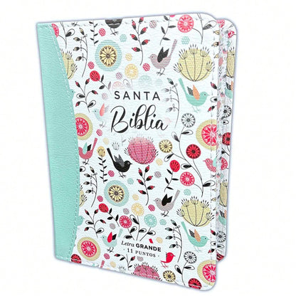 Biblia Compacta Para Mujer 11 Puntos RV1960 Imit Piel Con Canto Pintado Primaveral Turquesa