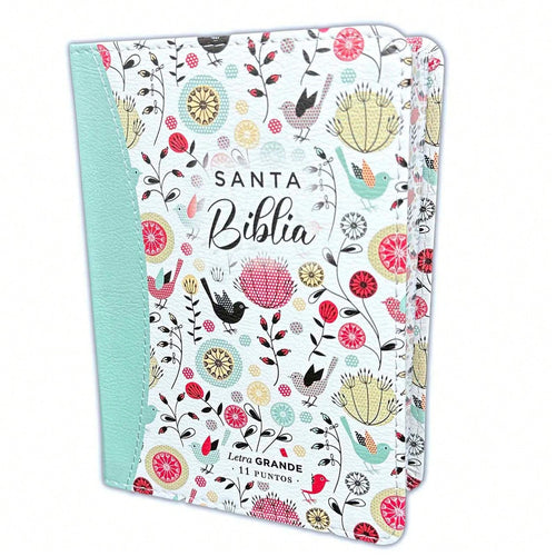 Biblia Compacta Para Mujer 11 Puntos RV1960 Imit Piel Con Canto Pintado Primaveral Turquesa