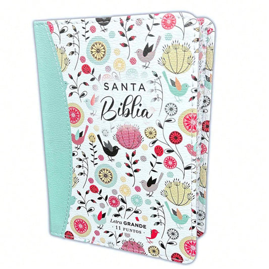 Biblia Compacta Para Mujer 11 Puntos RV1960 Imit Piel Con Canto Pintado Primaveral Turquesa