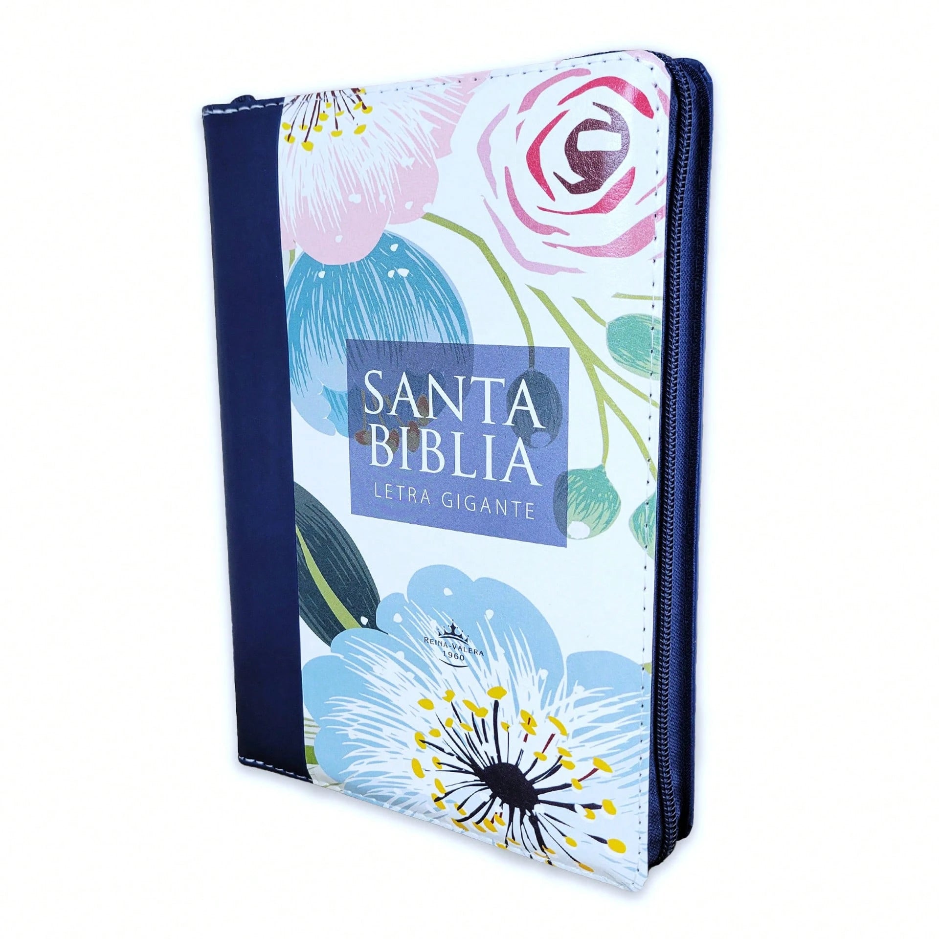 Biblia Para Mujer Letra Gigante Manual 14 Puntos Con Cierre RV1960: Imit. Piel Azul Floral Con Indice