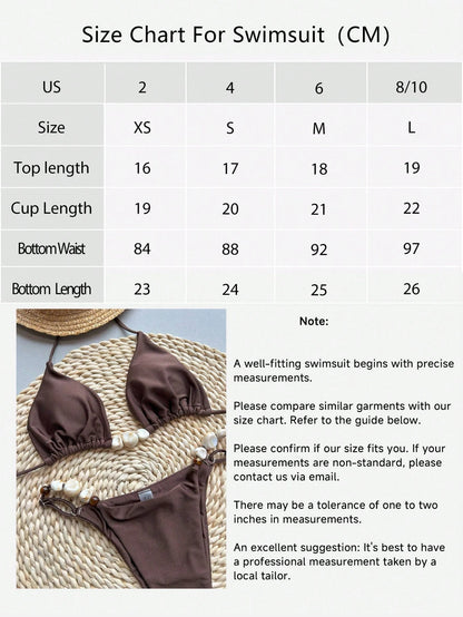 Bikinx Women's Brown Halter Backless Beaded Bikini Set With Tie Back And High Stretch Fabric