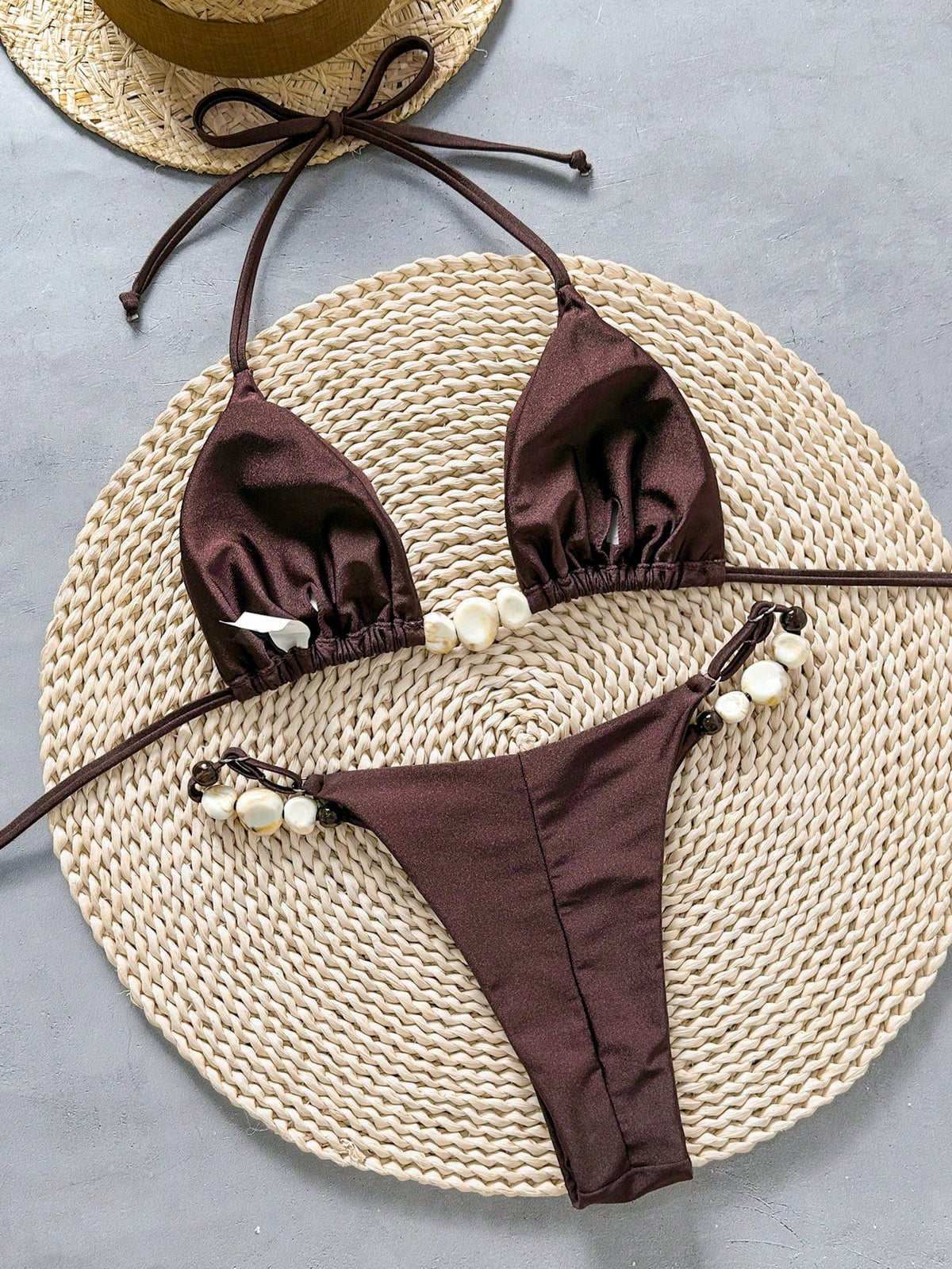 Bikinx Women's Brown Halter Backless Beaded Bikini Set With Tie Back And High Stretch Fabric