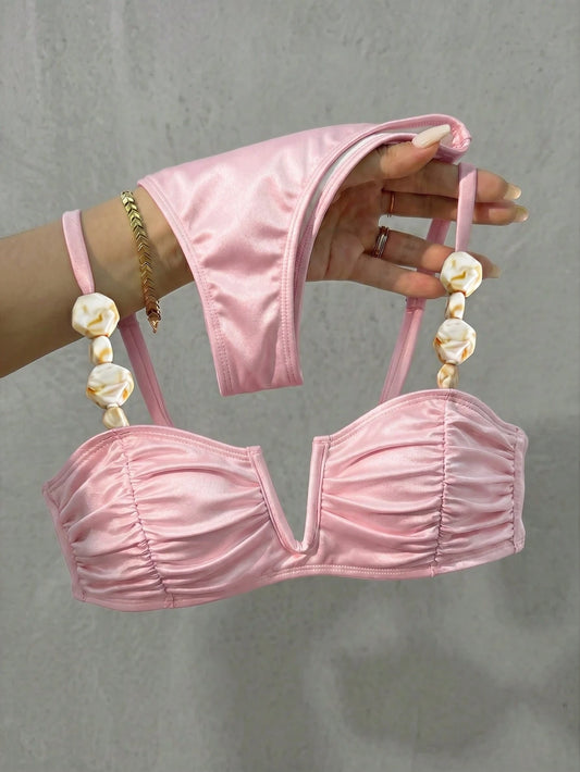 Bikinx Women's Elegant V-Neck Underwire Bikini Set, Spaghetti Straps With Beaded Trim, Ruched Cups High-Stretch Swimwear Vacation Pink Beach Summer