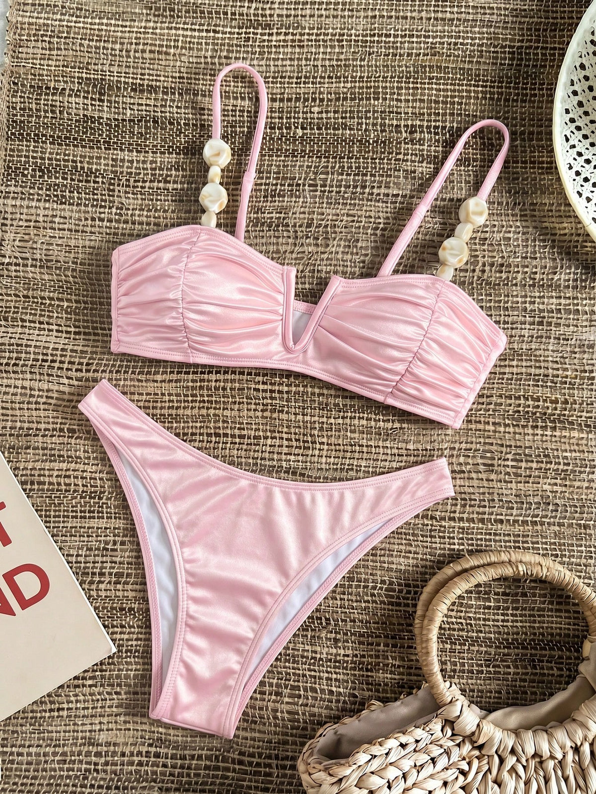 Bikinx Women's Elegant V-Neck Underwire Bikini Set, Spaghetti Straps With Beaded Trim, Ruched Cups High-Stretch Swimwear Vacation Pink Beach Summer