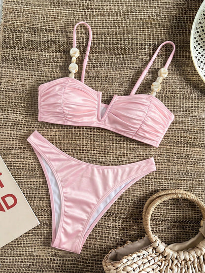 Bikinx Women's Elegant V-Neck Underwire Bikini Set, Spaghetti Straps With Beaded Trim, Ruched Cups High-Stretch Swimwear Vacation Pink Beach Summer