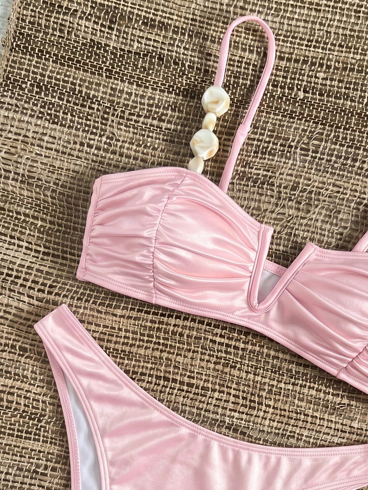 Bikinx Women's Elegant V-Neck Underwire Bikini Set, Spaghetti Straps With Beaded Trim, Ruched Cups High-Stretch Swimwear Vacation Pink Beach Summer