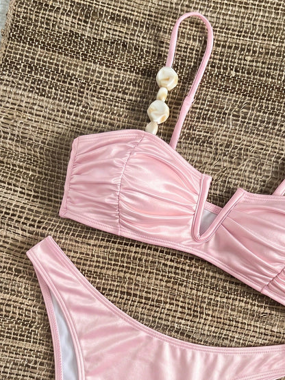 Bikinx Women's Elegant V-Neck Underwire Bikini Set, Spaghetti Straps With Beaded Trim, Ruched Cups High-Stretch Swimwear Vacation Pink Beach Summer
