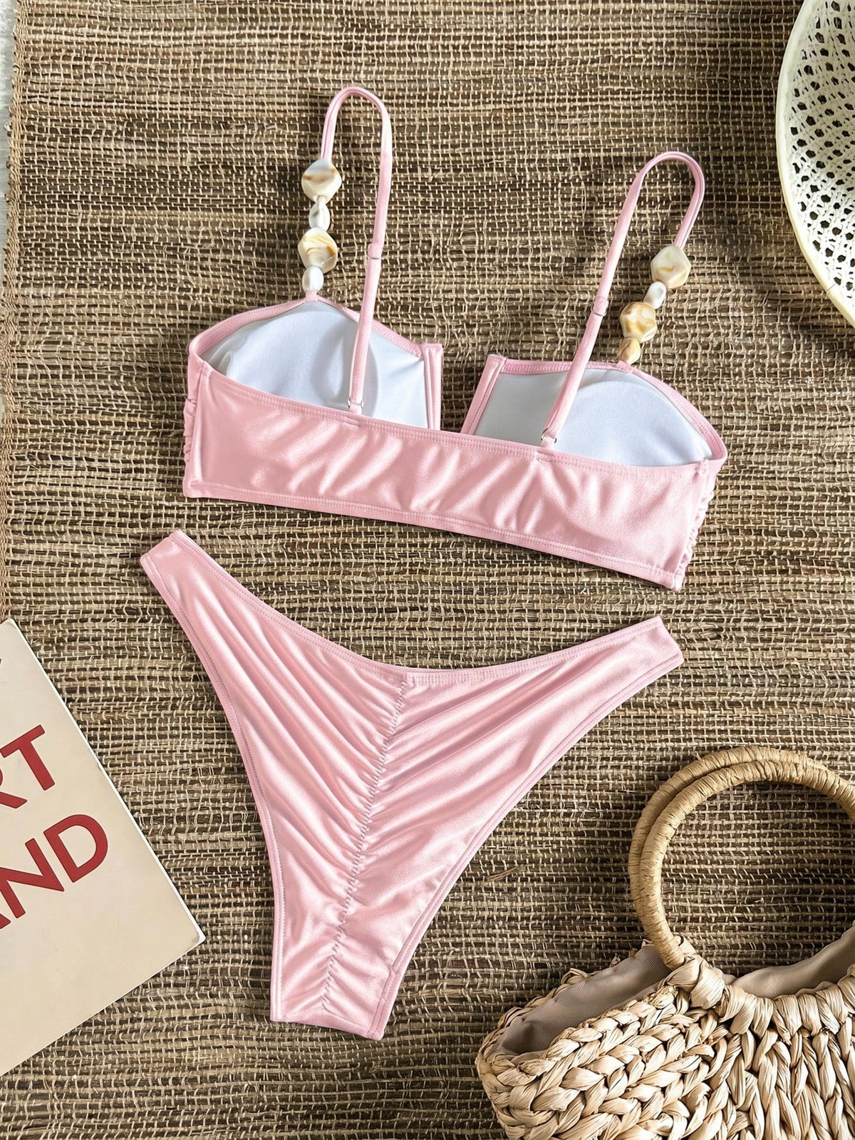 Bikinx Women's Elegant V-Neck Underwire Bikini Set, Spaghetti Straps With Beaded Trim, Ruched Cups High-Stretch Swimwear Vacation Pink Beach Summer