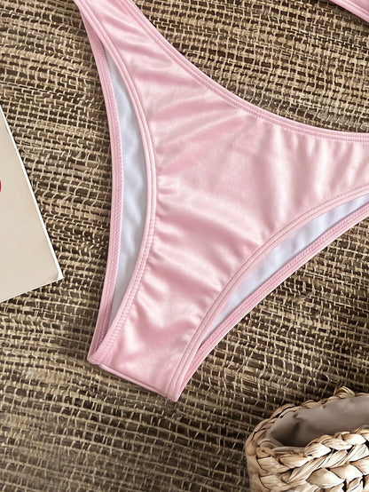 Bikinx Women's Elegant V-Neck Underwire Bikini Set, Spaghetti Straps With Beaded Trim, Ruched Cups High-Stretch Swimwear Vacation Pink Beach Summer