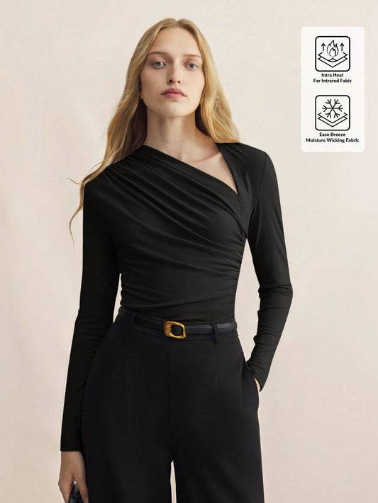 BizChic Autumn Women's Black Asymmetric Collar Long Sleeve Fitted Top,Elegant Office Fashion Urban Commute Business Casual Wear,Minimalist Basic Outings Top