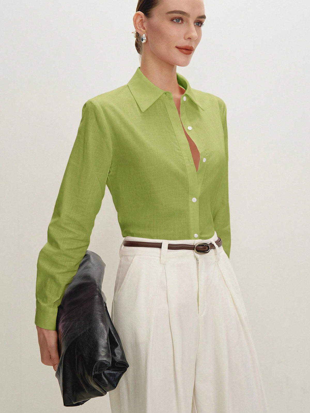 BizChic Green Shirt Business Formal Vacation Style Slouchy Commute Date Daily Vacation Office Slimming Elegant Versatile Summer Autumn Halloween Back To School Party Birthday Wedding Guest Church Spec