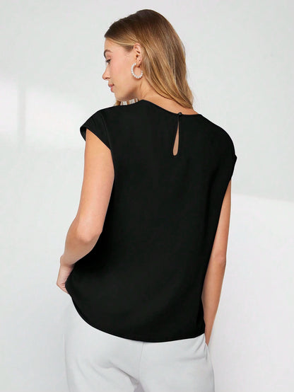 BizChic Women's Solid Color Batwing Sleeve Asymmetric Black Blouse,Summer Casual Elegant Office Wear,Simple Fashionable Business Basic Urban Commute Style