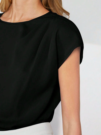 BizChic Women's Solid Color Batwing Sleeve Asymmetric Black Blouse,Summer Casual Elegant Office Wear,Simple Fashionable Business Basic Urban Commute Style
