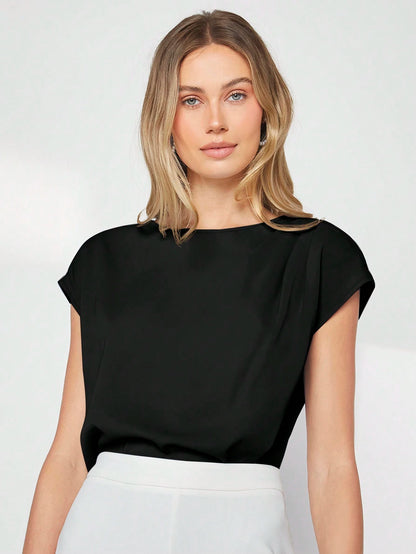 BizChic Women's Solid Color Batwing Sleeve Asymmetric Black Blouse,Summer Casual Elegant Office Wear,Simple Fashionable Business Basic Urban Commute Style
