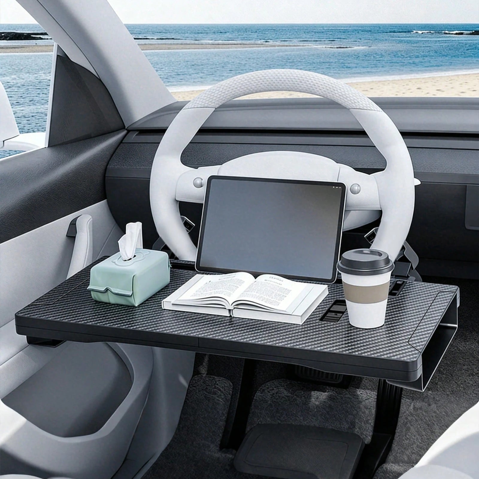 Black 2 In 1 Multifunctional Car Steering Wheel Table Tray With Seat Gap Storage Box, ABS Carbon Fiber Texture Universal Car Laptop Food Desk Seat Gap Filler Organizer With Drawer Phone Slot