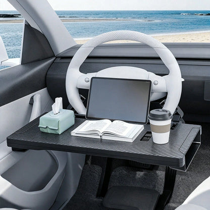 Black 2 In 1 Multifunctional Car Steering Wheel Table Tray With Seat Gap Storage Box, ABS Carbon Fiber Texture Universal Car Laptop Food Desk Seat Gap Filler Organizer With Drawer Phone Slot