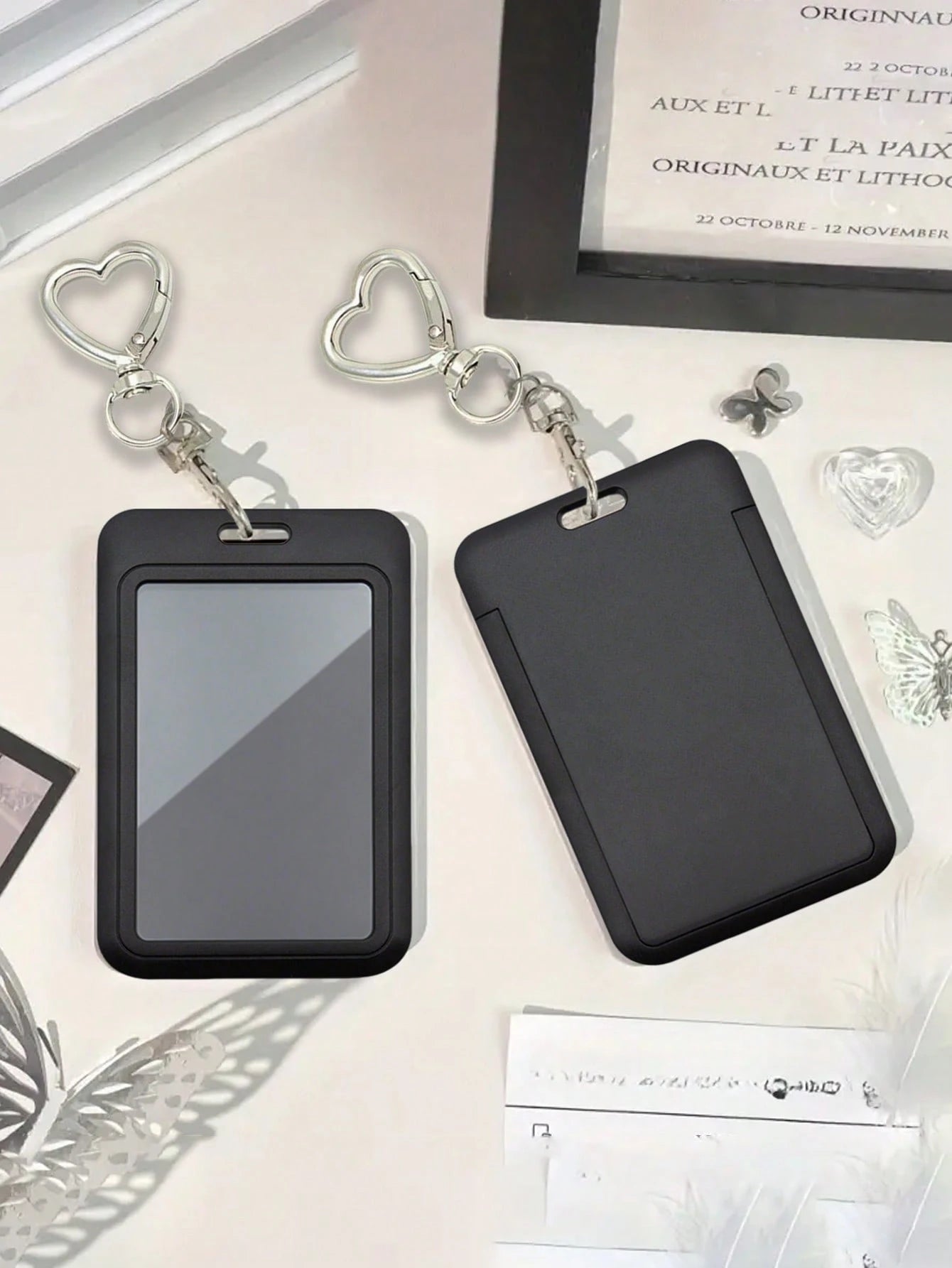 Black Card Holder With Heart-Shaped Pendant, Can Be Used As Bag Charm, Keychain, Holds ID, Membership Cards, Photos, And More, Protective Function, Suitable For Daily Use, Decoration, Or Gift For Frie