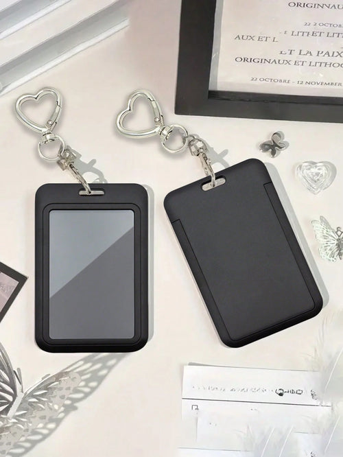 Black Card Holder With Heart-Shaped Pendant, Can Be Used As Bag Charm, Keychain, Holds ID, Membership Cards, Photos, And More, Protective Function, Suitable For Daily Use, Decoration, Or Gift For Frie