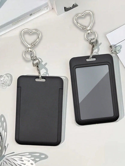 Black Card Holder With Heart-Shaped Pendant, Can Be Used As Bag Charm, Keychain, Holds ID, Membership Cards, Photos, And More, Protective Function, Suitable For Daily Use, Decoration, Or Gift For Frie