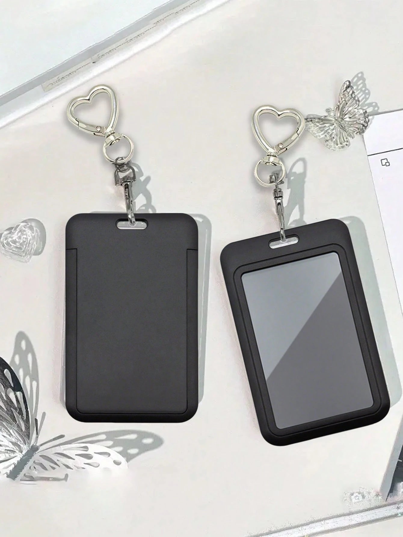 Black Card Holder With Heart-Shaped Pendant, Can Be Used As Bag Charm, Keychain, Holds ID, Membership Cards, Photos, And More, Protective Function, Suitable For Daily Use, Decoration, Or Gift For Frie