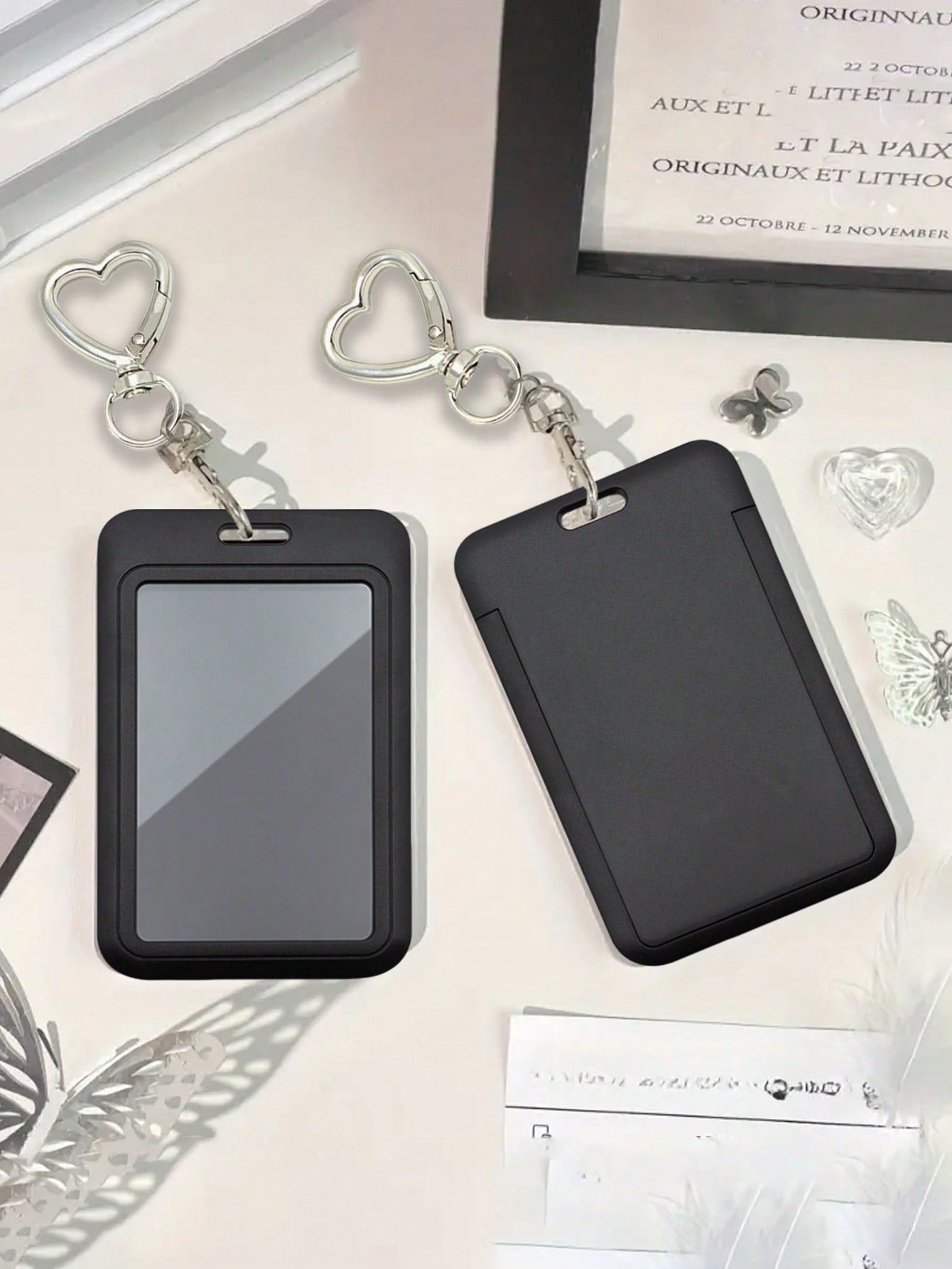 Black Card Holder With Heart-Shaped Pendant, Can Be Used As Bag Charm, Keychain, Holds ID, Membership Cards, Photos, And More, Protective Function, Suitable For Daily Use, Decoration, Or Gift For Frie