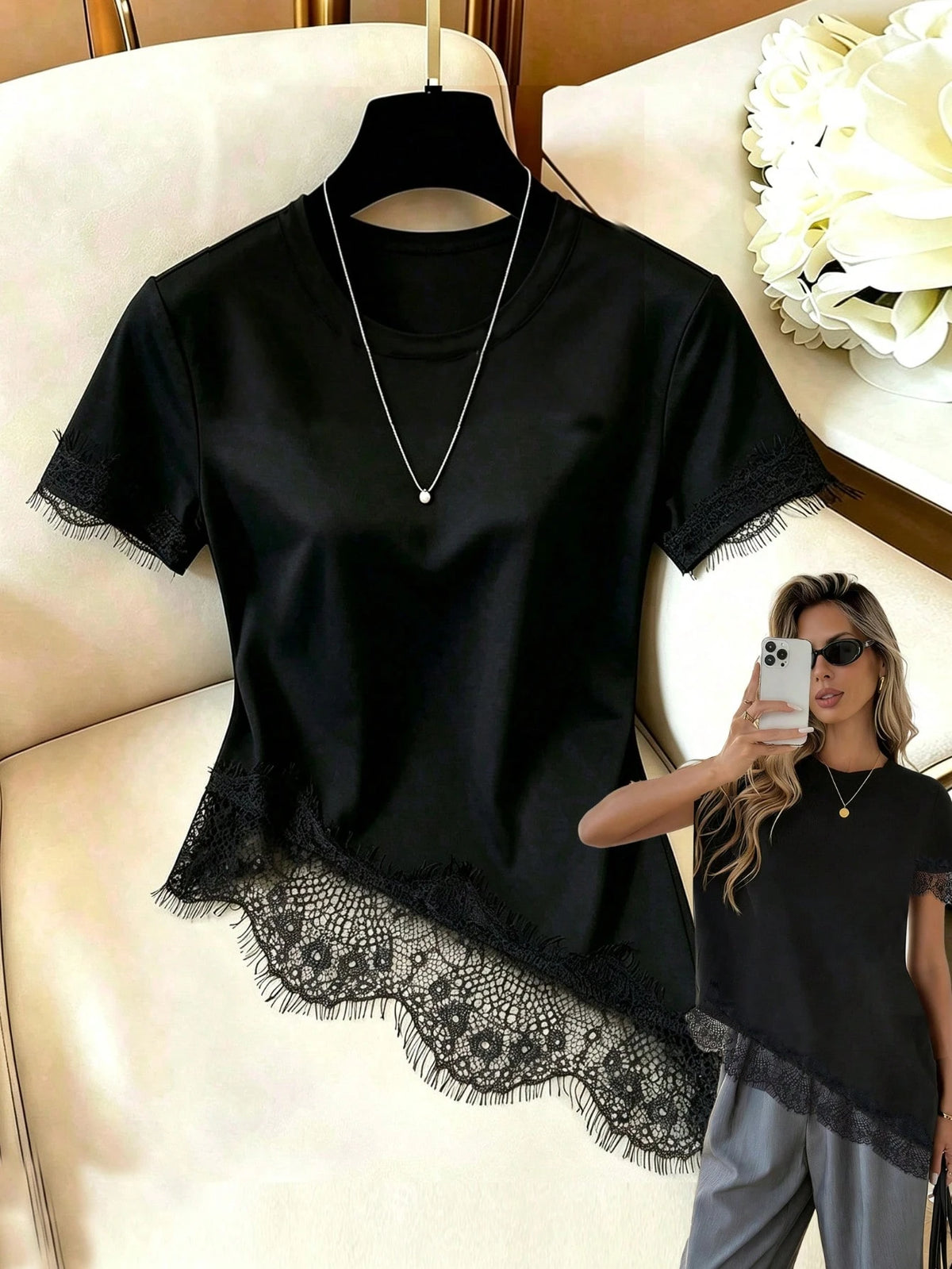 Black Casual T-Shirt For Women, Asymmetrical Hem With Lace Splicing| Essential Summer Daily Wear, Stylish & Elegant Top For Commute, Vacation Top