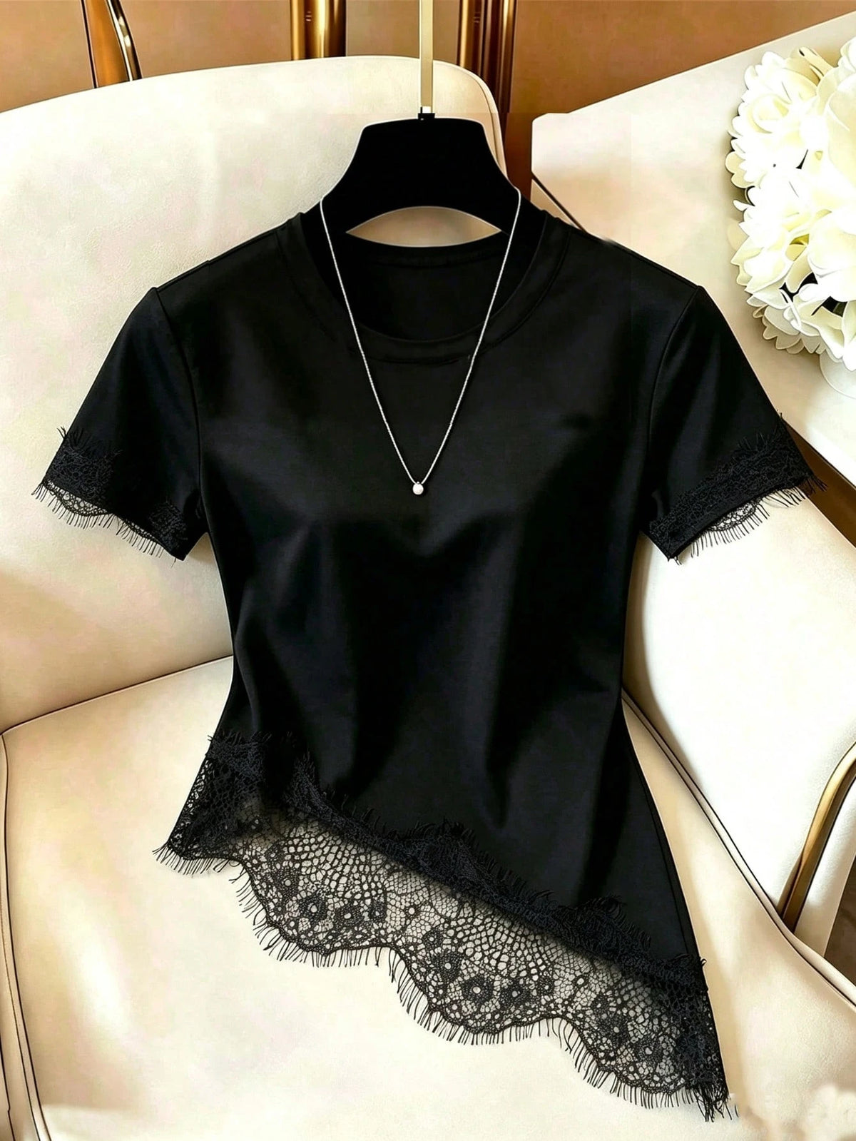 Black Casual T-Shirt For Women, Asymmetrical Hem With Lace Splicing| Essential Summer Daily Wear, Stylish & Elegant Top For Commute, Vacation Top