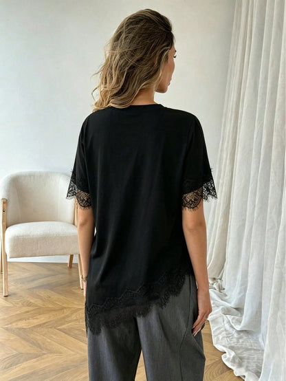 Black Casual T-Shirt For Women, Asymmetrical Hem With Lace Splicing| Essential Summer Daily Wear, Stylish & Elegant Top For Commute, Vacation Top