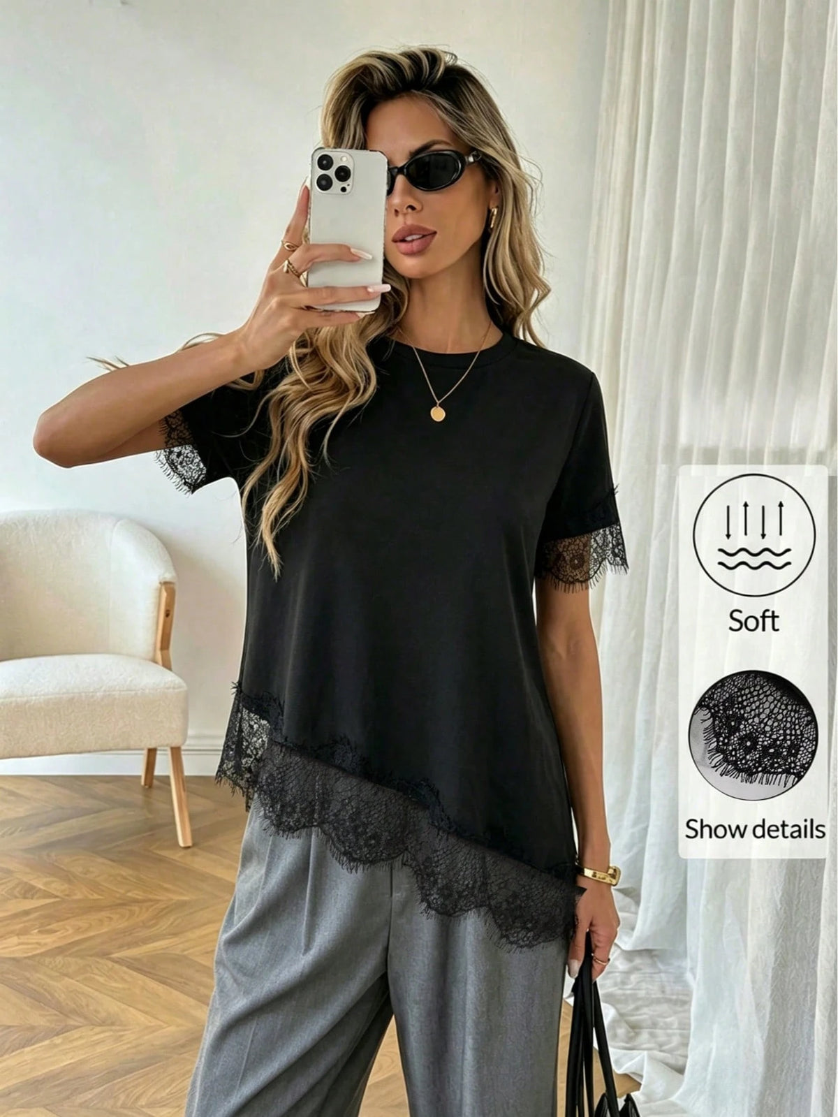 Black Casual T-Shirt For Women, Asymmetrical Hem With Lace Splicing| Essential Summer Daily Wear, Stylish & Elegant Top For Commute, Vacation Top