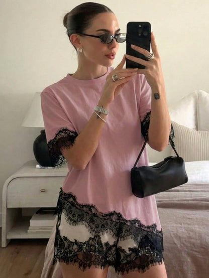 Black Casual T-Shirt For Women, Asymmetrical Hem With Lace Splicing| Essential Summer Daily Wear, Stylish & Elegant Top For Commute, Vacation Top