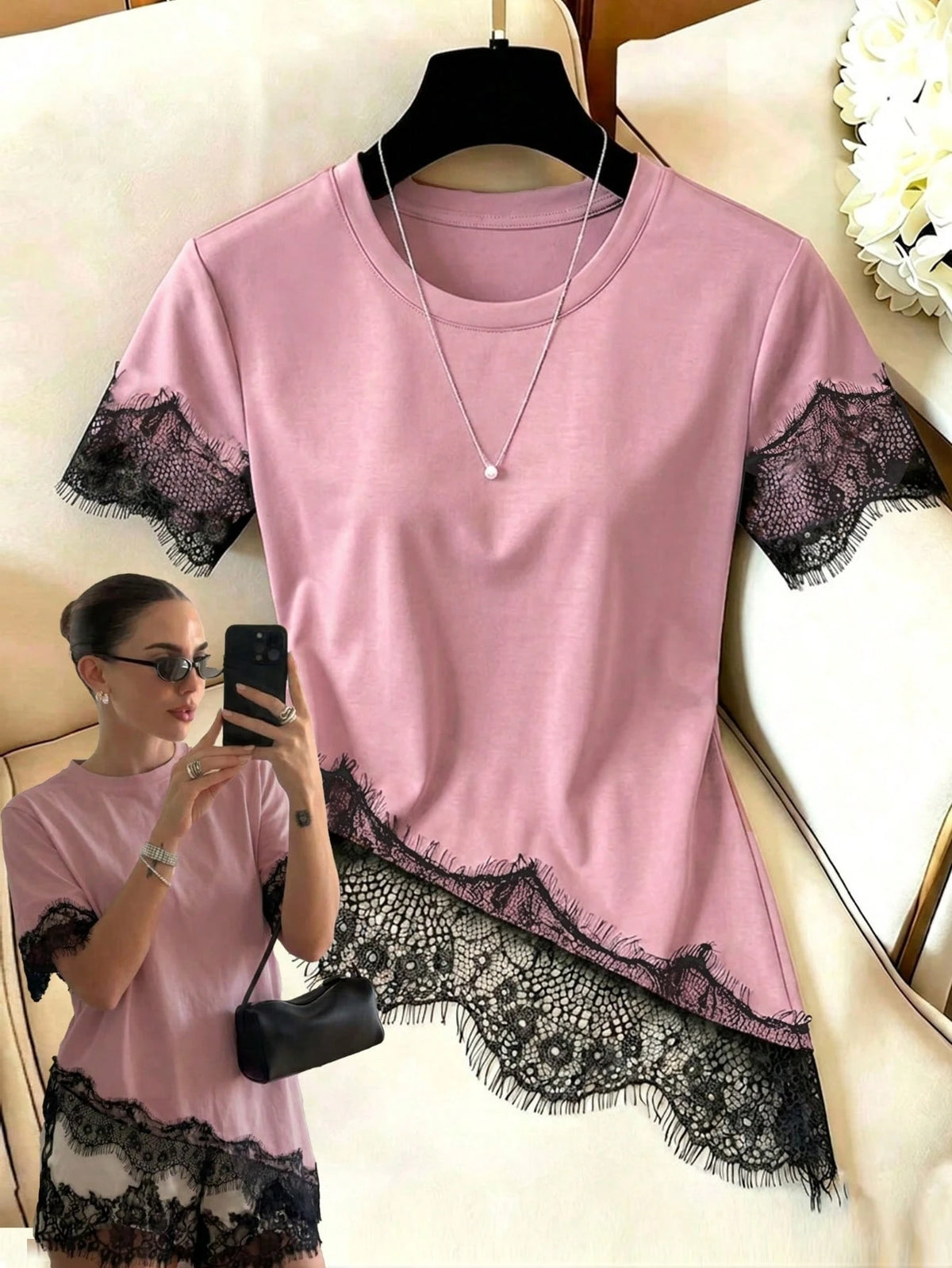 Black Casual T-Shirt For Women, Asymmetrical Hem With Lace Splicing| Essential Summer Daily Wear, Stylish & Elegant Top For Commute, Vacation Top