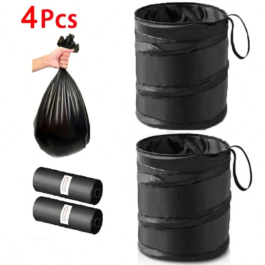 Black Folding Trash Can With Trash Bags, Portable Nylon Garbage Bin With Hanging Strap For Outdoor Camping, Picnics, And Road Trips, Versatile Storage Organizer, Trash Bag Holder, Or Car Garbage Can
