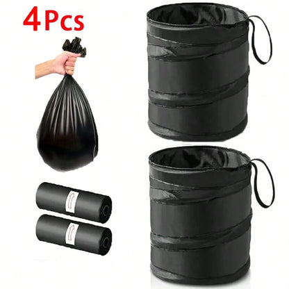 Black Folding Trash Can With Trash Bags, Portable Nylon Garbage Bin With Hanging Strap For Outdoor Camping, Picnics, And Road Trips, Versatile Storage Organizer, Trash Bag Holder, Or Car Garbage Can