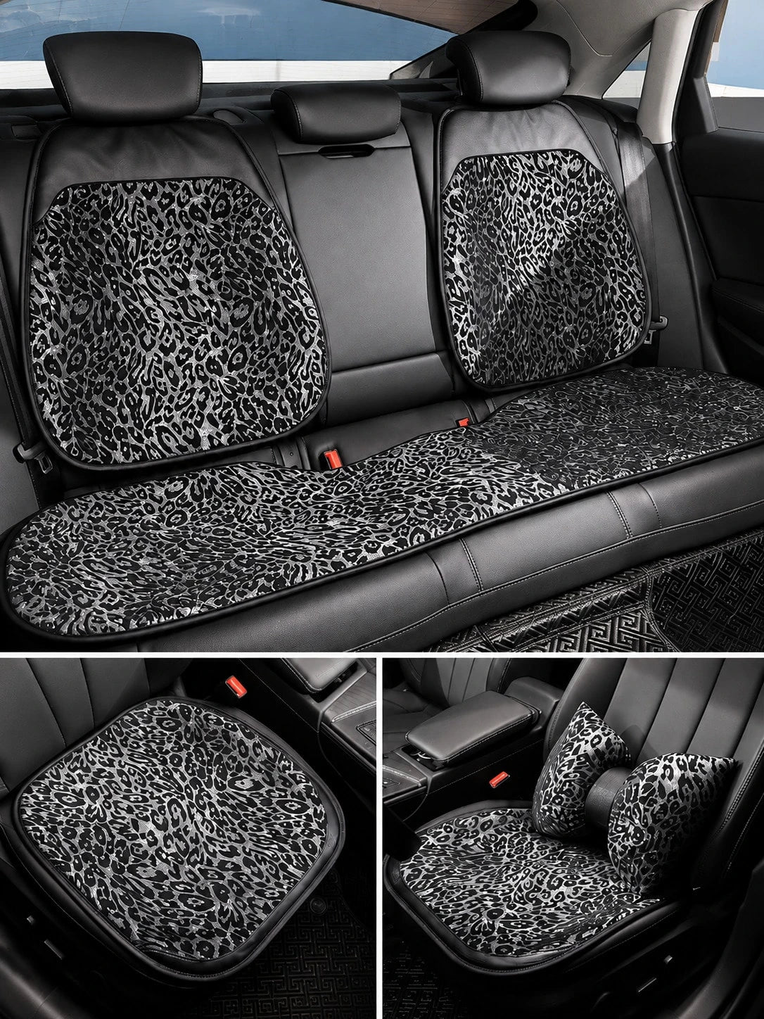 Black Leopard Print Car Seat Covers Full Set, Leopard Animal Print Breathable Car Seat Covers For Front And Rear Seats, Universal All-Season SUV Sedan Truck Van Seat Protector, Luxury Fashion Car Inte