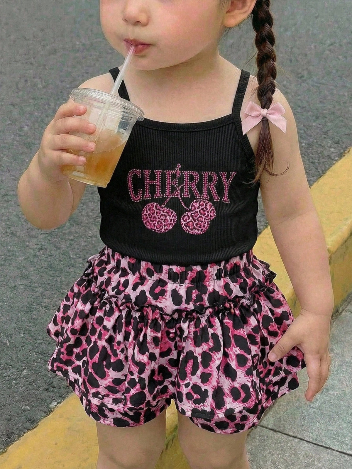 Black Pink Cute Baby Girl Clothes,Vintage Fuchsia Leopard Print Camisole And Tight Shorts Set,Summer Vacation Outfit With Bow,Minimalist 0 To 3 Months